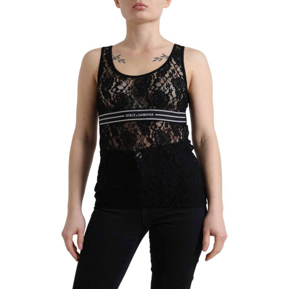 Dolce & Gabbana Black Logo Stripe Lace Sleeveless Tank Top TSH84270-40