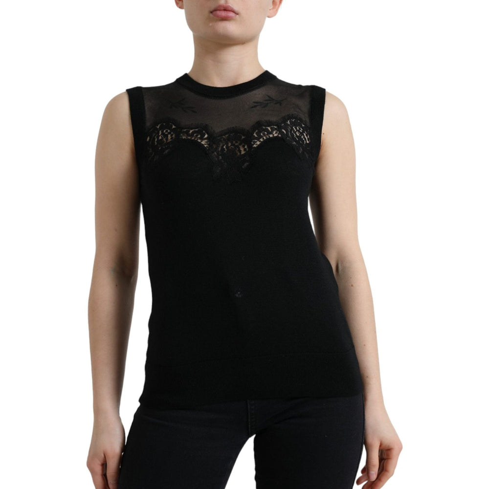 Dolce & Gabbana Black Cashmere Lace Trim Sleeveless Tank Top TSH84299-38