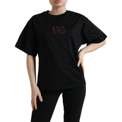Dolce & Gabbana Black Cotton DG Crystal Crewneck Tee T-shirt