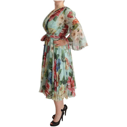 Dolce & Gabbana Multicolor Green Floral Silk Wrap Midi Dress