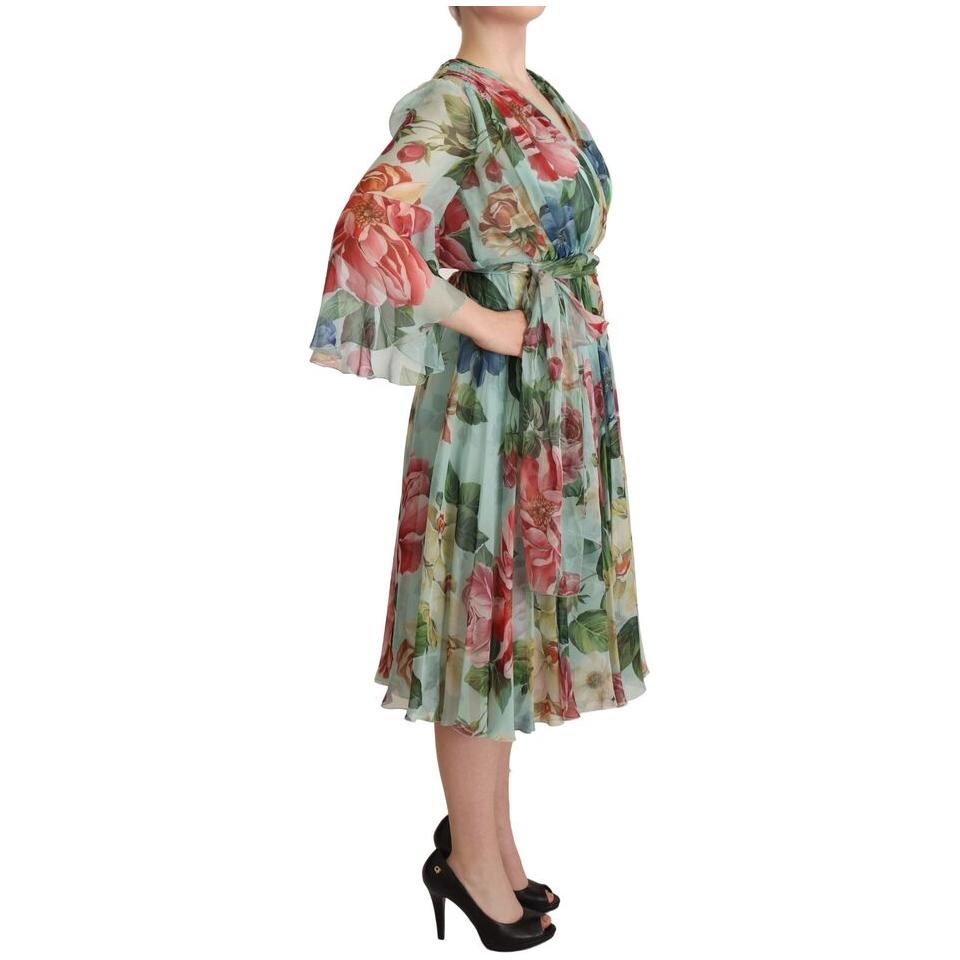 Dolce & Gabbana Multicolor Green Floral Silk Wrap Midi Dress