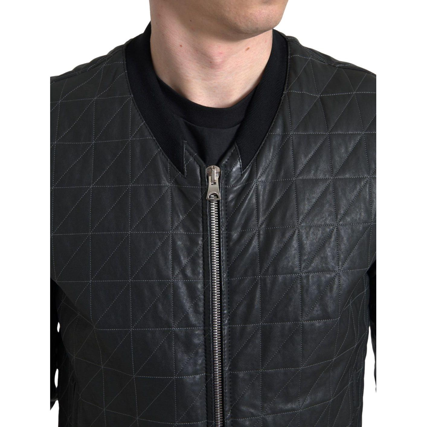 Dolce & Gabbana Black Leather Full Zip Bomber Coat Jacket JKT3672