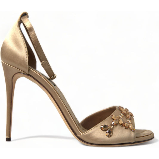 Dolce & Gabbana Gold Satin Ankle Strap Crystal Sandals Shoes