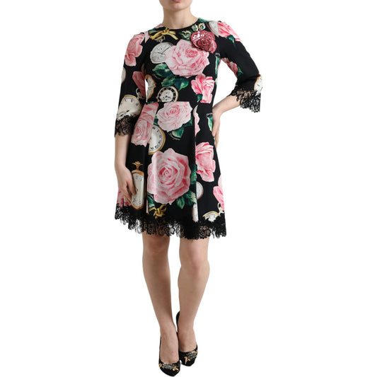 Dolce & Gabbana Black Floral Embellished Lace A-line Dress DR281024-40