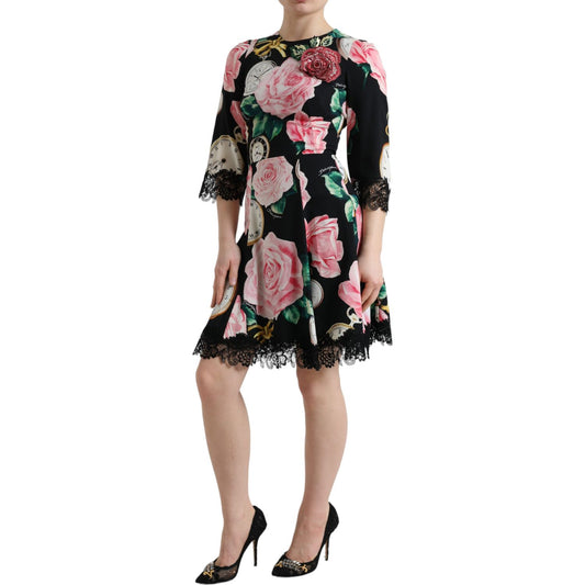 Dolce & Gabbana Black Floral Embellished Lace A-line Dress DR281024-40