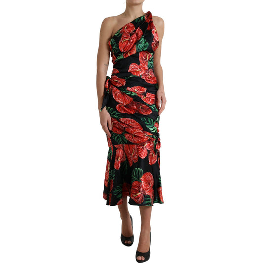 Dolce & Gabbana Black Shiny Silk Floral Print Draped Dress DR28989-44