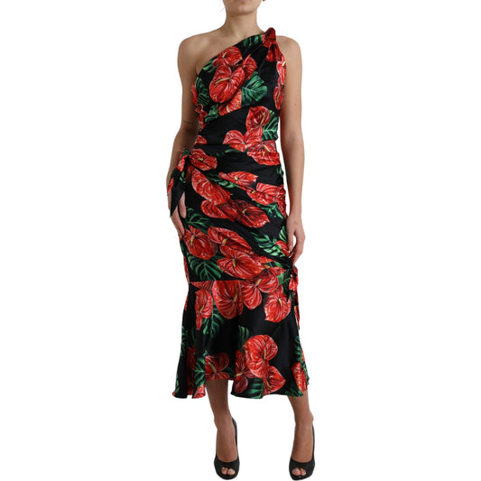 Dolce & Gabbana Black Shiny Silk Floral Print Draped Dress DR28989-44
