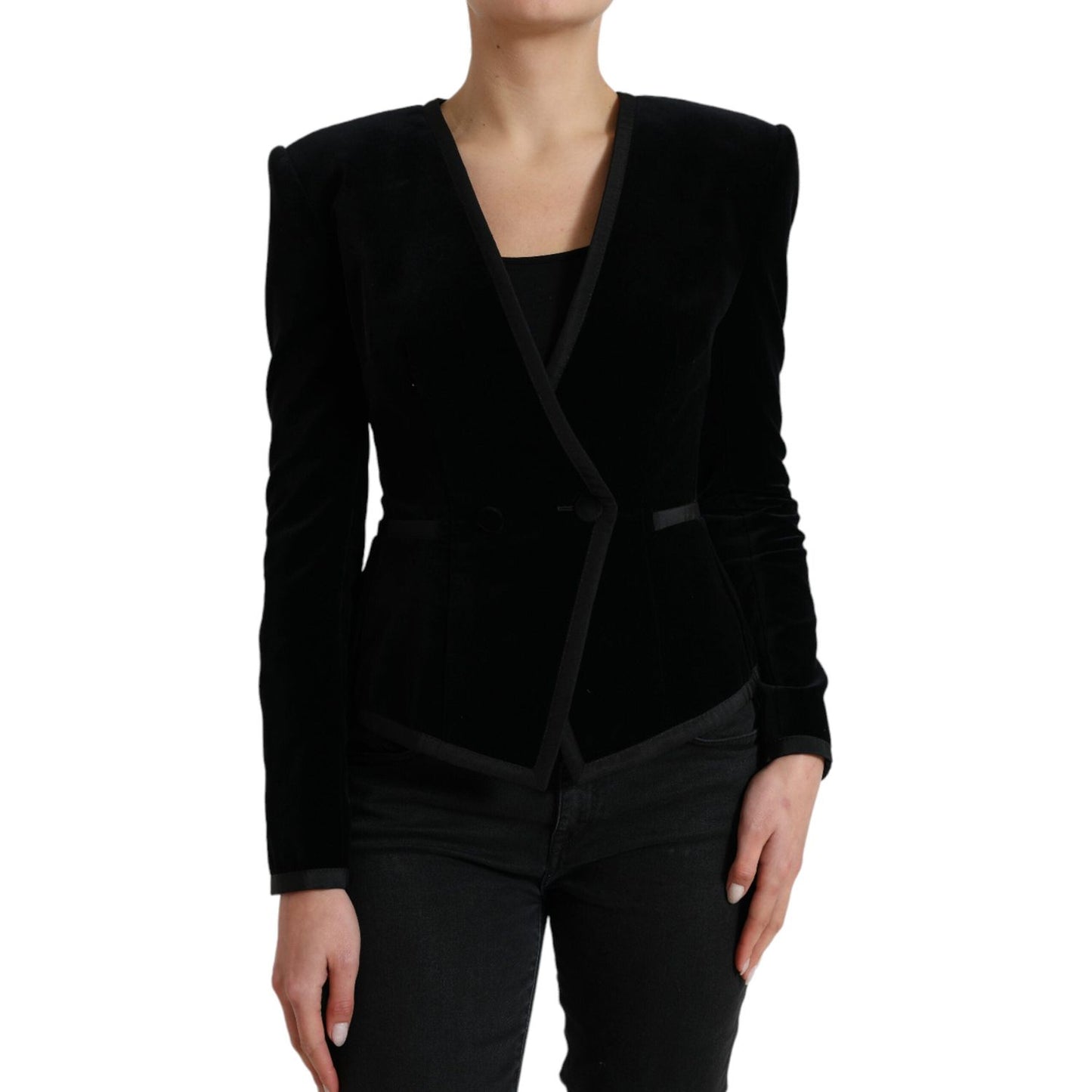 Dolce & Gabbana Black Velvet Cotton Double Breasted Jacket JKT3735-40