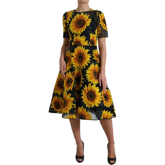 Dolce & Gabbana Black Sunflower Print Nylon A-line Midi Dress DR28941-42