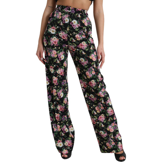 Dolce & Gabbana Black Floral Wool High Waist Wide Leg Pants PAN74959-40