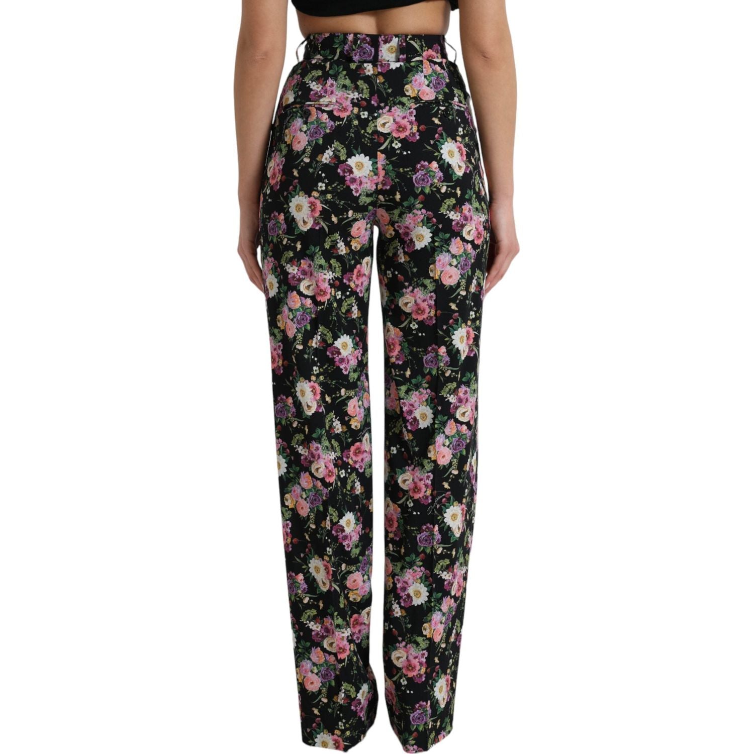 Dolce & Gabbana Black Floral Wool High Waist Wide Leg Pants