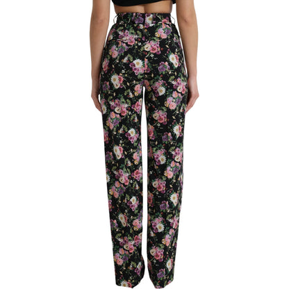 Dolce & Gabbana Black Floral Wool High Waist Wide Leg Pants