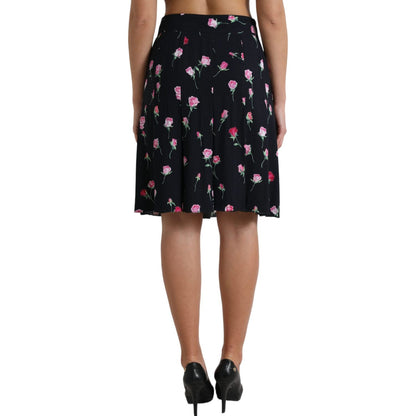 Dolce & Gabbana Black Rose High Waist A-line Knee Length Skirt