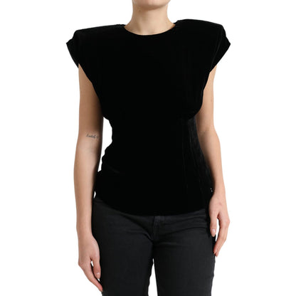 Dolce & Gabbana Black Velvet Fitted Padded Shoulder Blouse Top