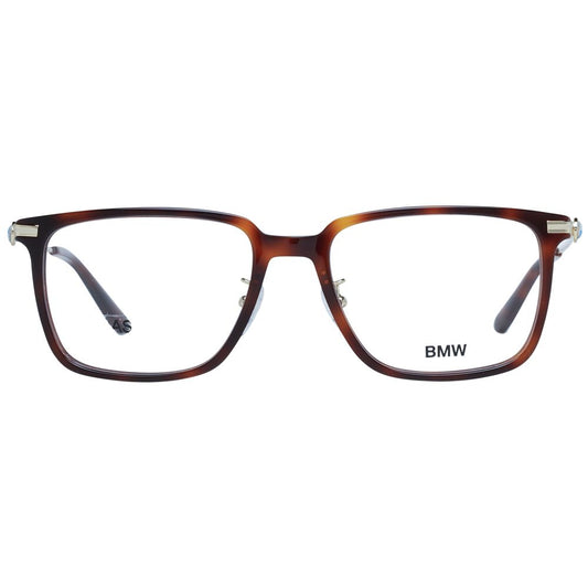 BMW Brown Men Glasses Frame in full-rim trapezium style, brown plastic frame, demo lenses, size 54-18-150, includes branded case.