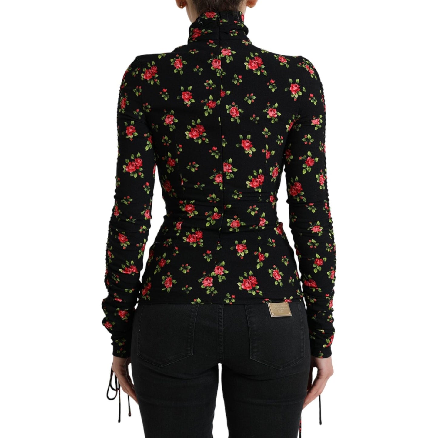 Dolce & Gabbana Black Rose Print Turtle Neck Blouse Top