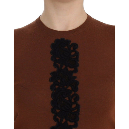 Dolce & Gabbana Brown Wool Black Lace Vest Sweater Top