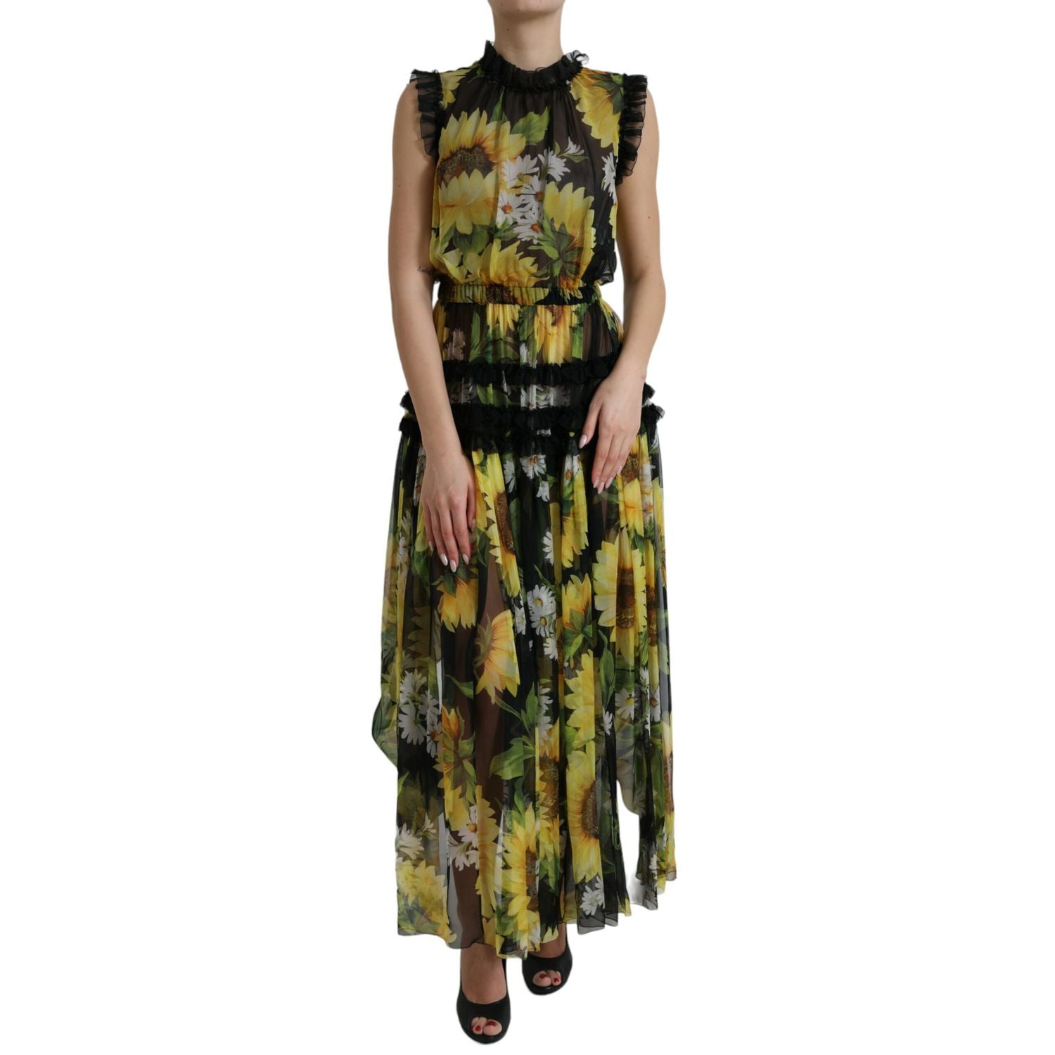 Dolce & Gabbana Black Sunflower A-line Pleated Maxi Dress