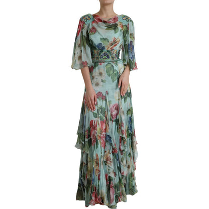 Dolce & Gabbana Blue Floral Print Tiered Long Maxi Dress