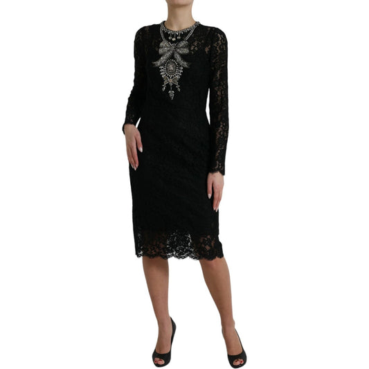 Dolce & Gabbana Black Lace Crystal Embellished Sheath Dress DR281121-36