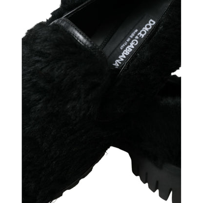 Dolce & Gabbana Black Fur Leather Slippers Dress Shoes