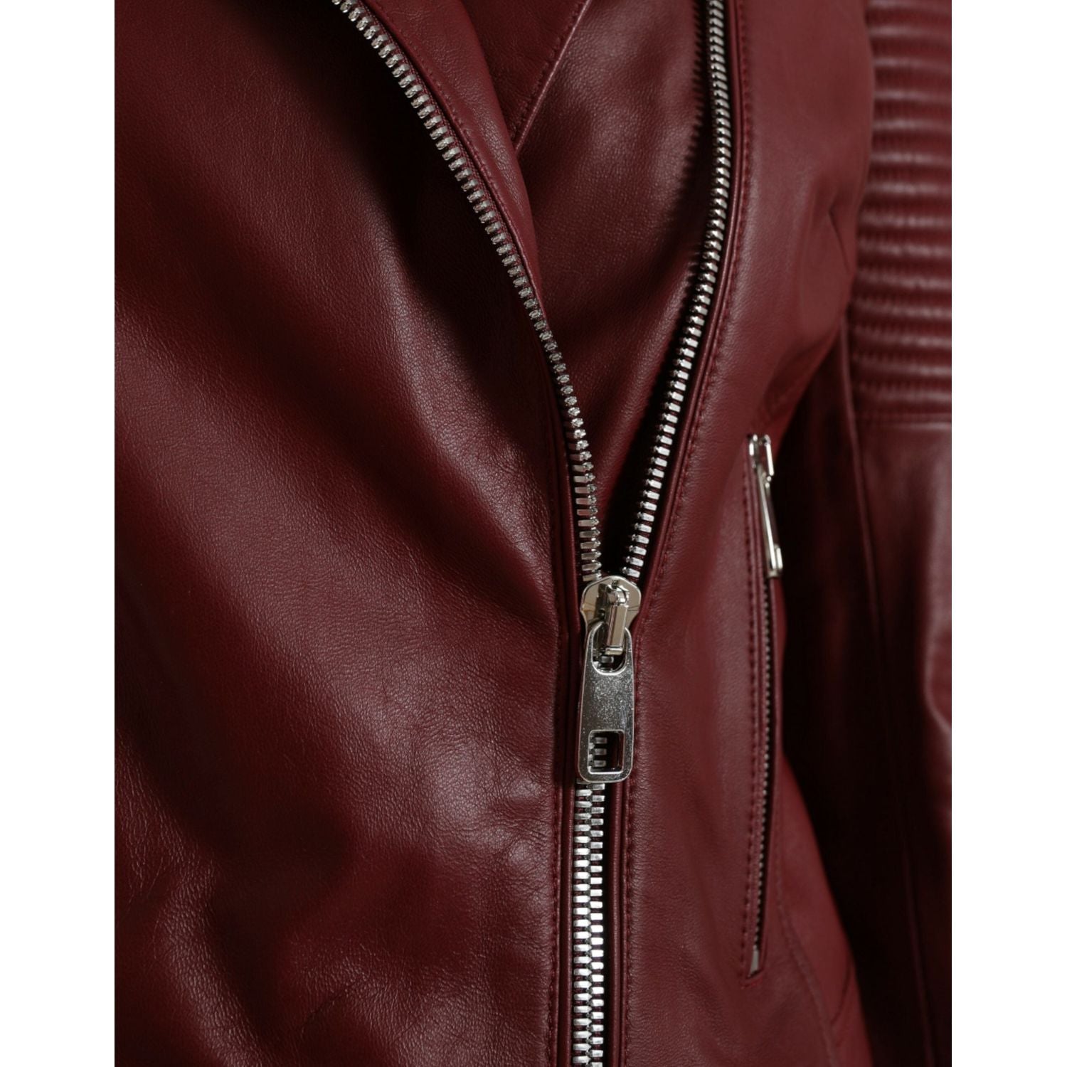 Dolce & Gabbana Bordeaux Leather Biker Coat Lambskin Jacket