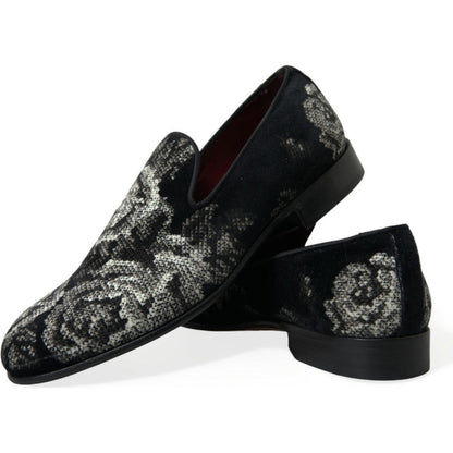Dolce & Gabbana Black Floral Slippers Men Loafers Dress Shoes
