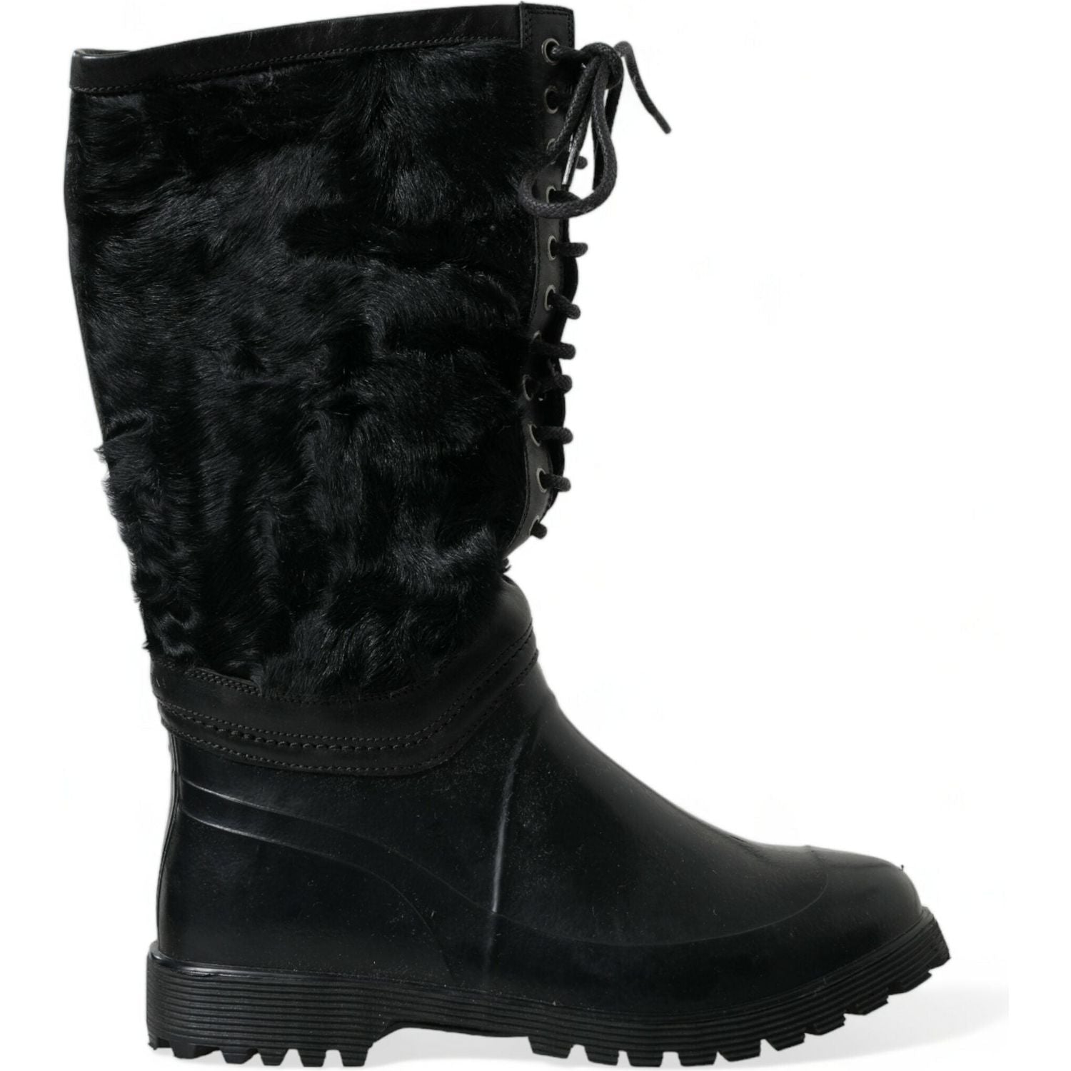 Dolce & Gabbana Black Rubber Lace Up Shearling Rain Boots Shoes