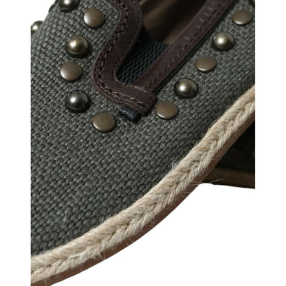 Dolce & Gabbana Gray Linen Leather Studded Loafers Shoes
