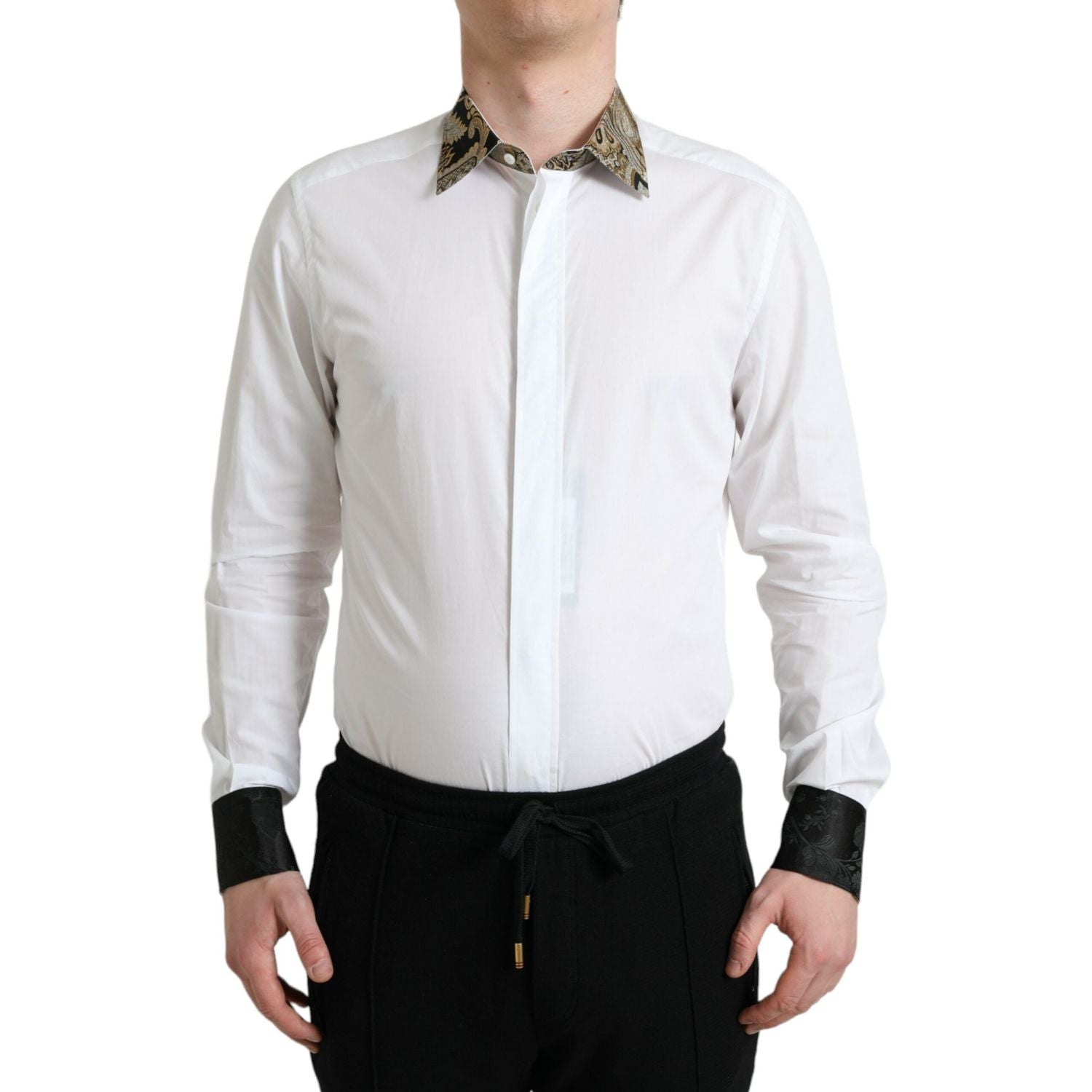 Dolce & Gabbana White Cotton Jacquard Formal GOLD Dress Shirt