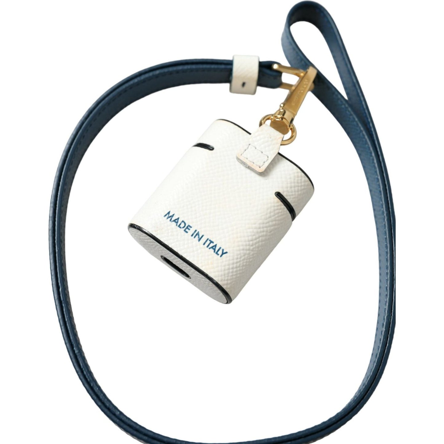 Dolce & Gabbana White Blue Calf Leather Logo Print Strap Airpods Case SMY101238