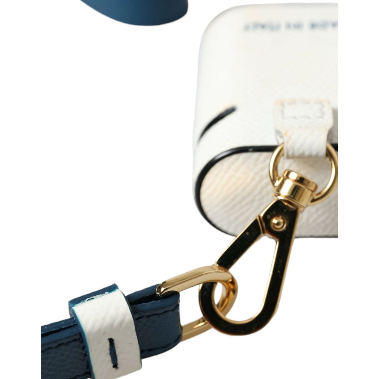 Dolce & Gabbana White Blue Calf Leather Logo Print Strap Airpods Case SMY101238