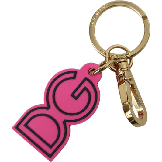 Dolce & Gabbana Pink Rubber Gold Tone Metal DG Logo Keyring Keychain