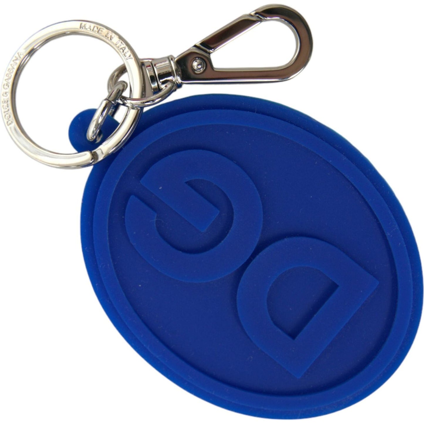 Dolce & Gabbana Blue Rubber DG Logo Silver Brass Metal Keyring Keychain