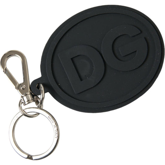 Dolce & Gabbana Black Rubber DG Logo Silver Brass Metal Keyring Keychain