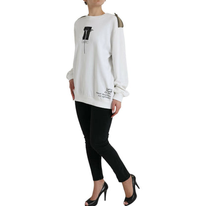 Dolce & Gabbana White Floral Cotton Crew Neck Pullover Sweater