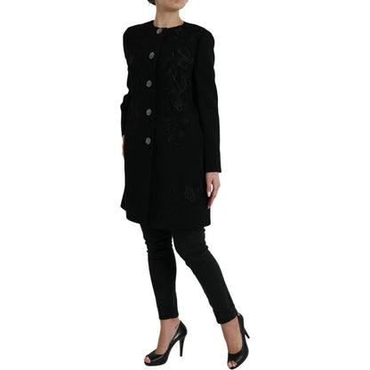 Dolce & Gabbana Black Floral Wool Button Embellished Jacket