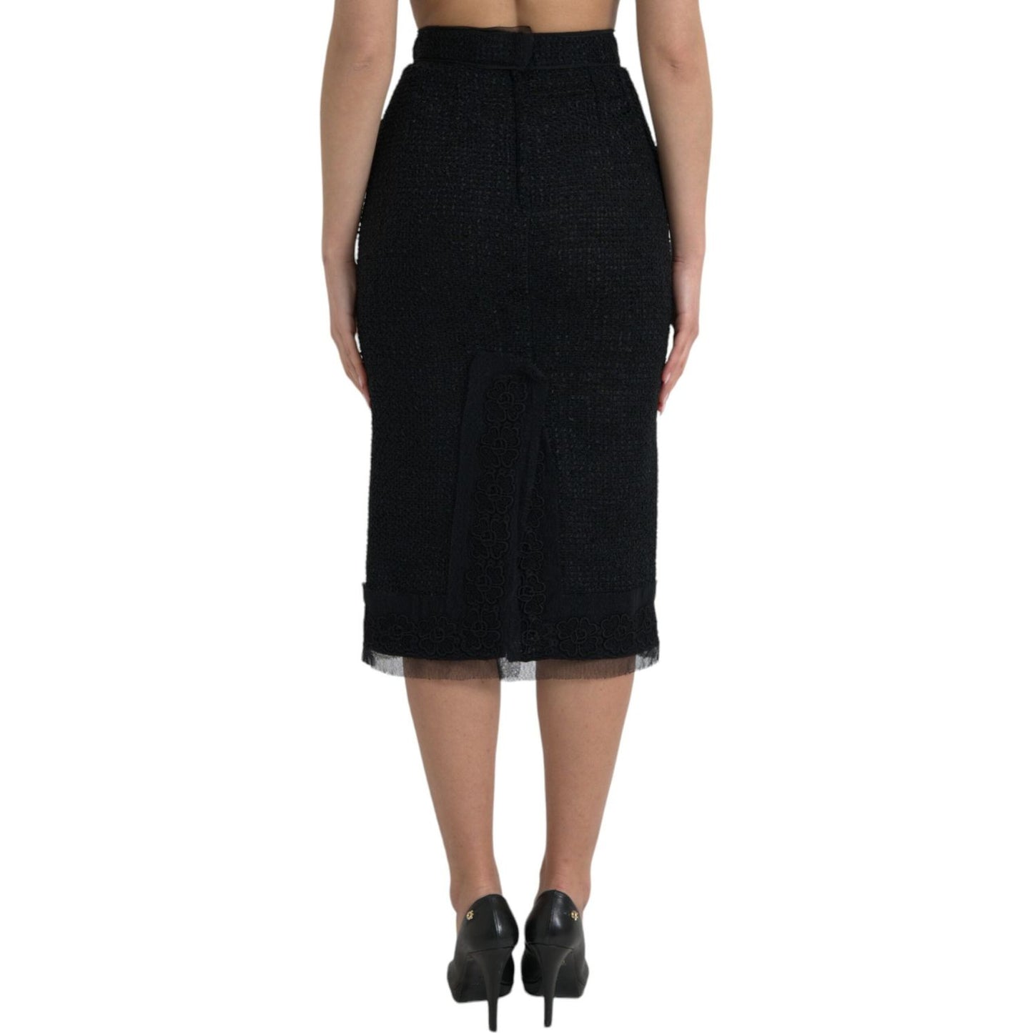 Dolce & Gabbana Black Wool High Waist Pencil Cut Midi Skirt