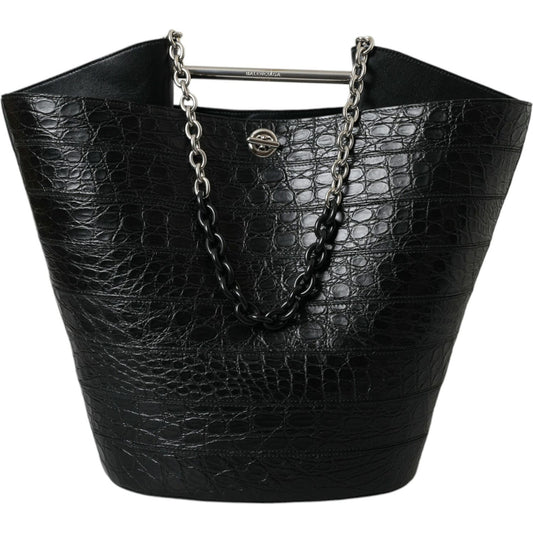 Balenciaga Black Exotic Skin Leather Maxi Bucket Tote Purse Bag BAG1177