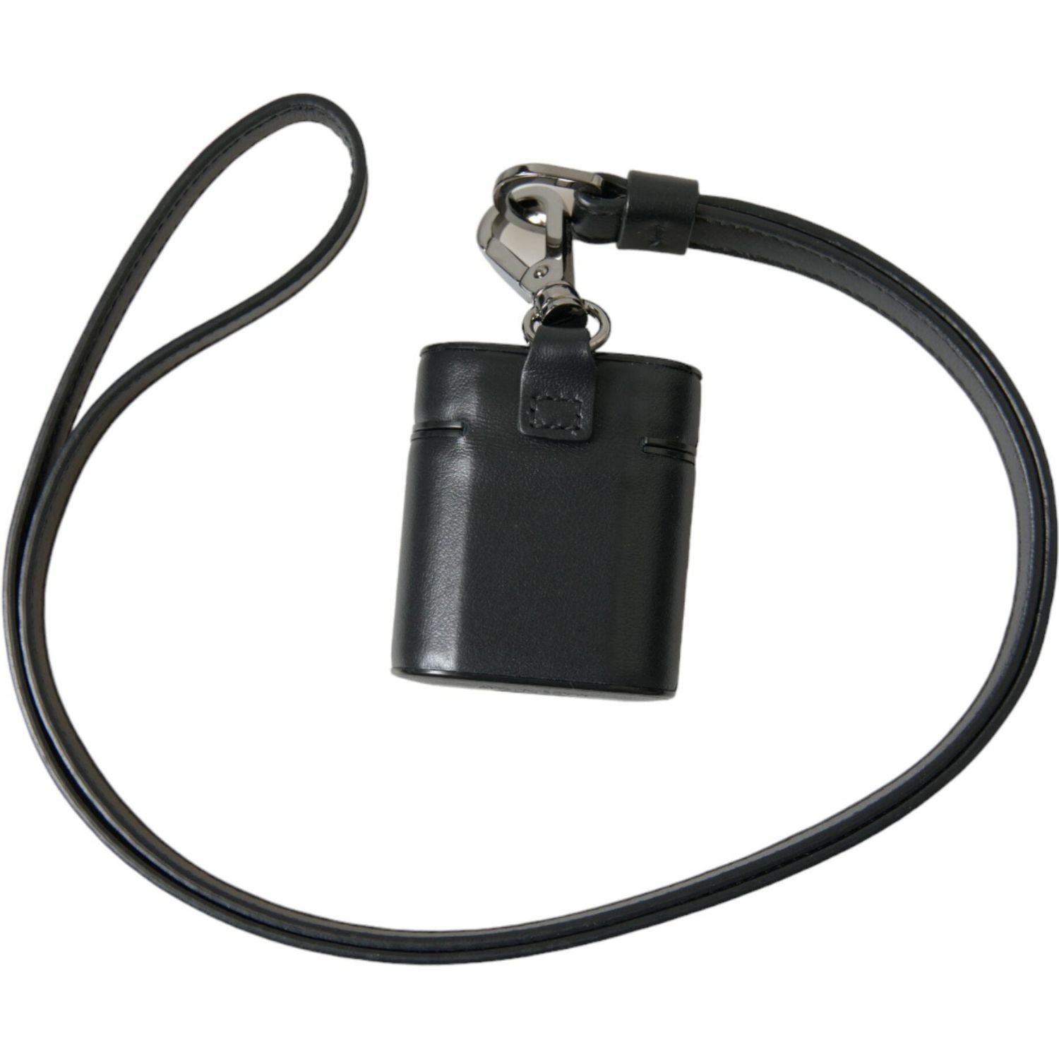 حافظة Airpods من Dolce &amp; Gabbana بحزام جلدي أسود وشعار معدني فضي مطبوع