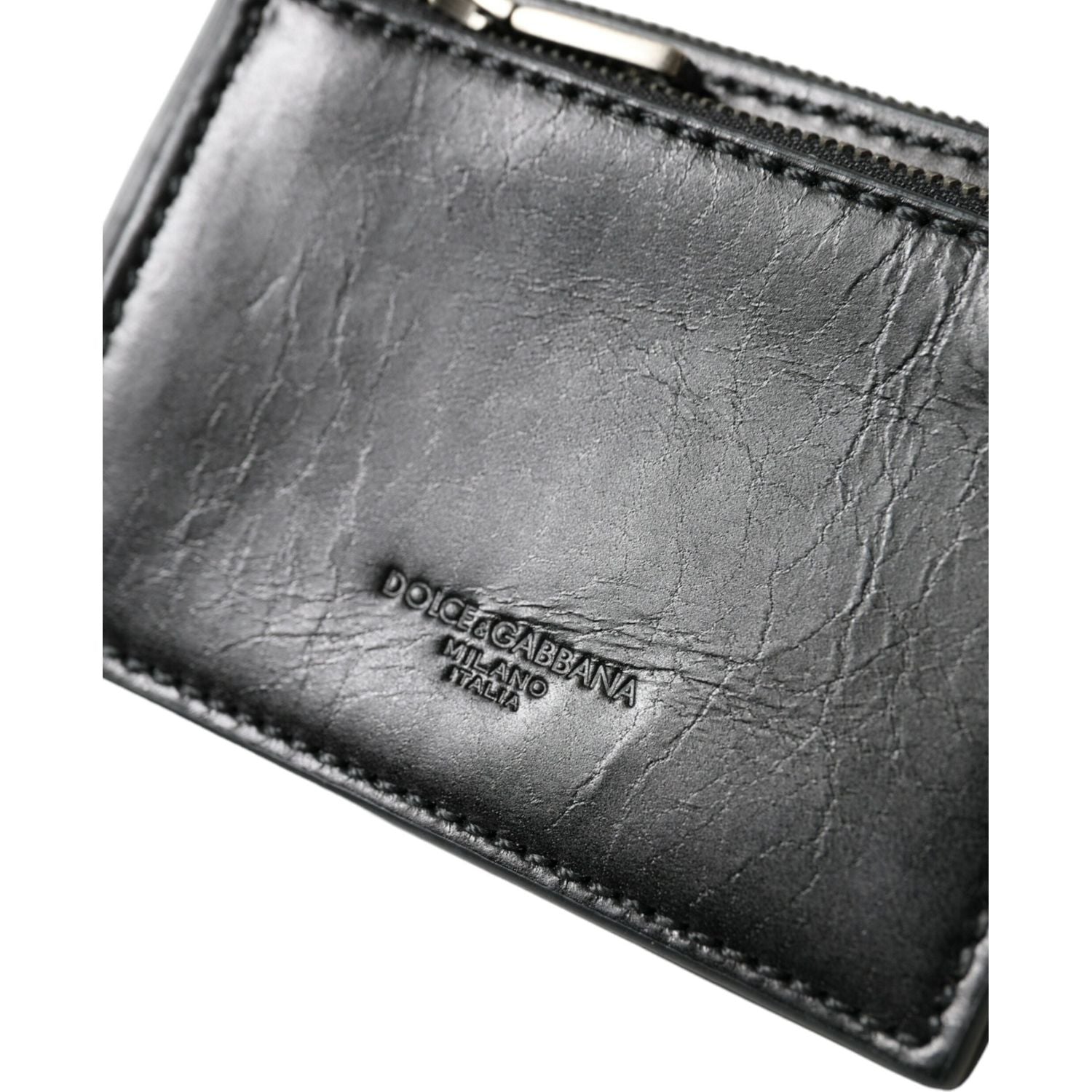 سلسلة مفاتيح بسحاب وشعار من الجلد الأسود من دولتشي آند غابانا، محفظة عملات معدنية، سلسلة مفاتيح