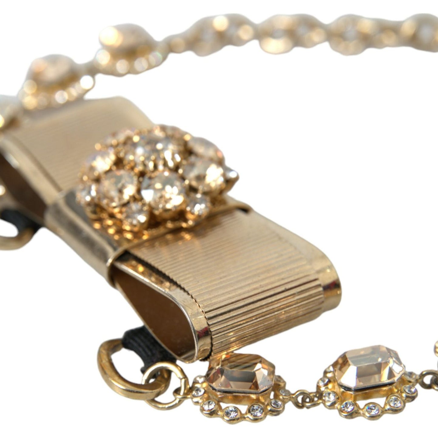 Dolce & Gabbana Gold Brass Clear Crystal Bow Chain Choker Necklace SMY101404