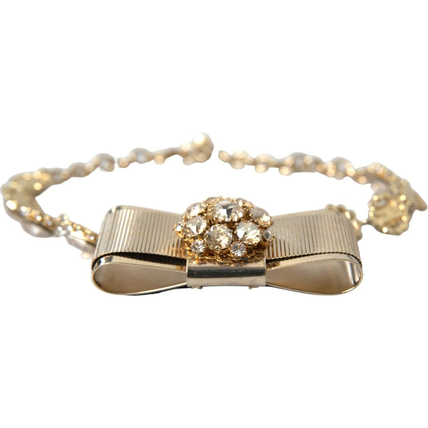 Dolce & Gabbana Gold Brass Clear Crystal Bow Chain Choker Necklace SMY101404