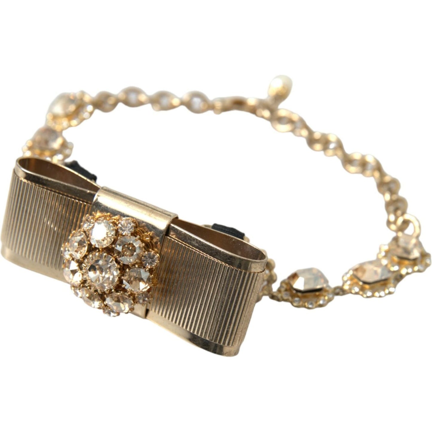 Dolce & Gabbana Gold Brass Clear Crystal Bow Chain Choker Necklace SMY101404