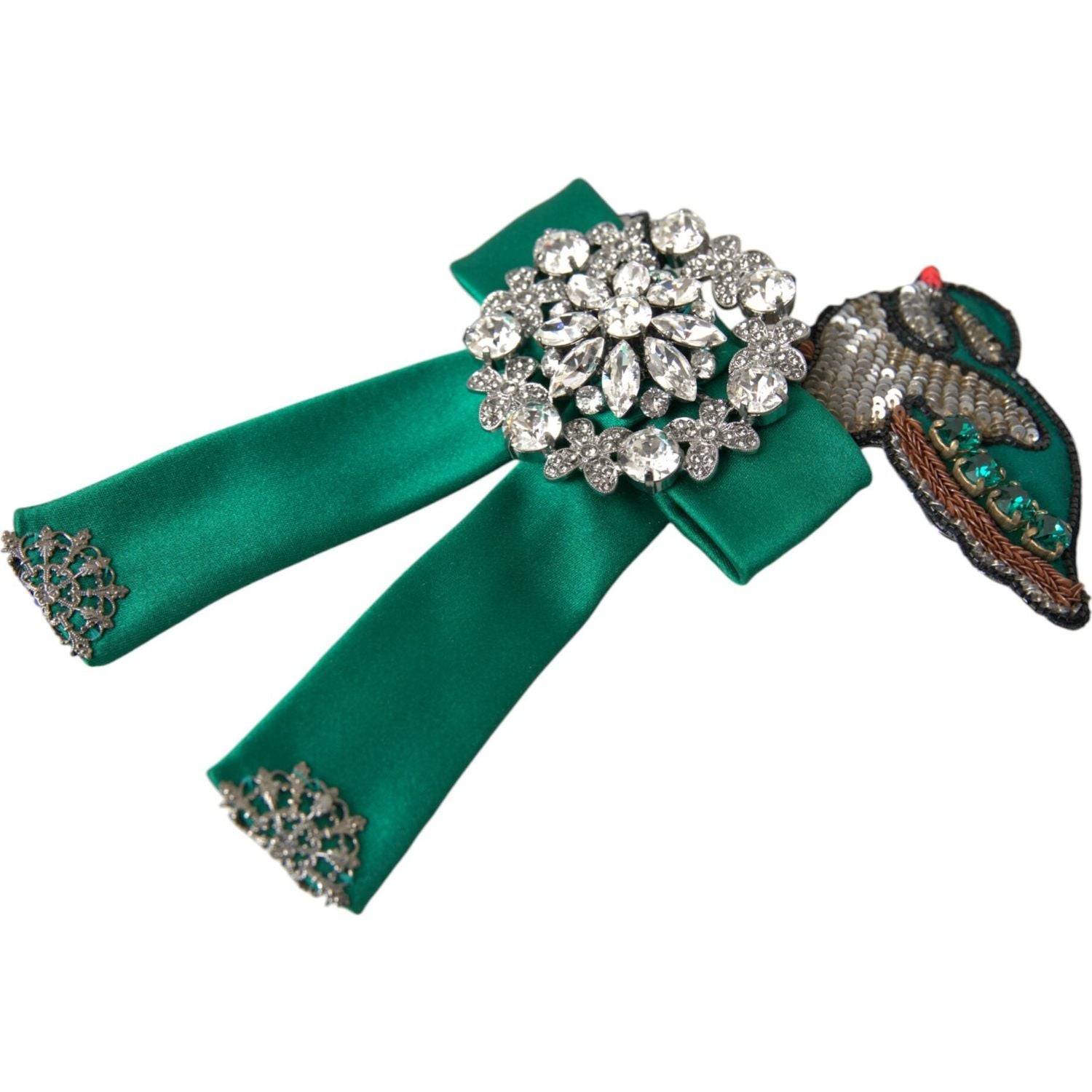 Dolce & Gabbana Green Satin Bird Crystal Women Hair Clip