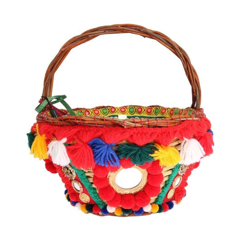 Dolce & Gabbana Multicolor AGNESE Straw Crystal Pom Pom Bag