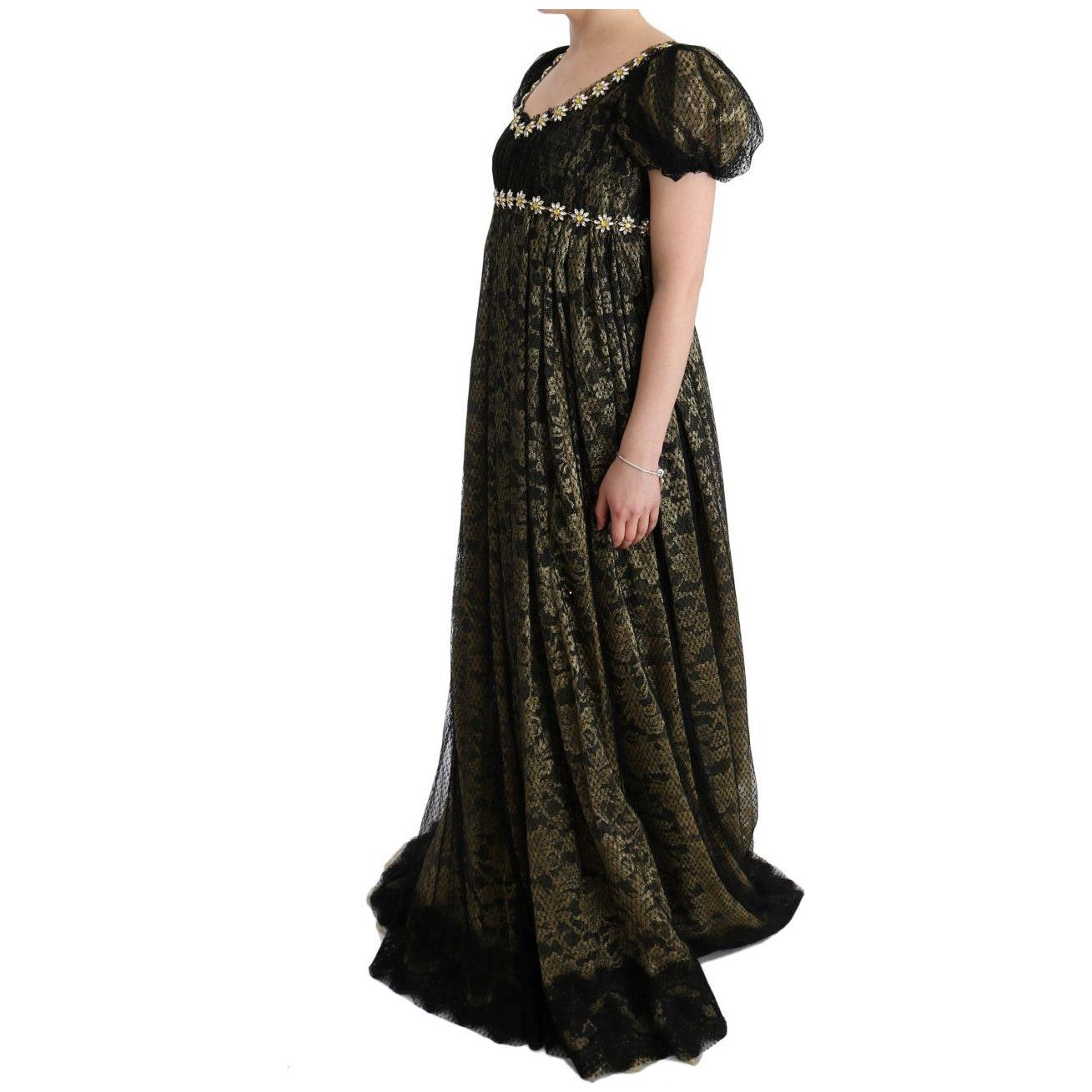 فستان ماكسي من دولتشي آند غابانا بطبعات عباد الشمس والدانتيل والكريستال