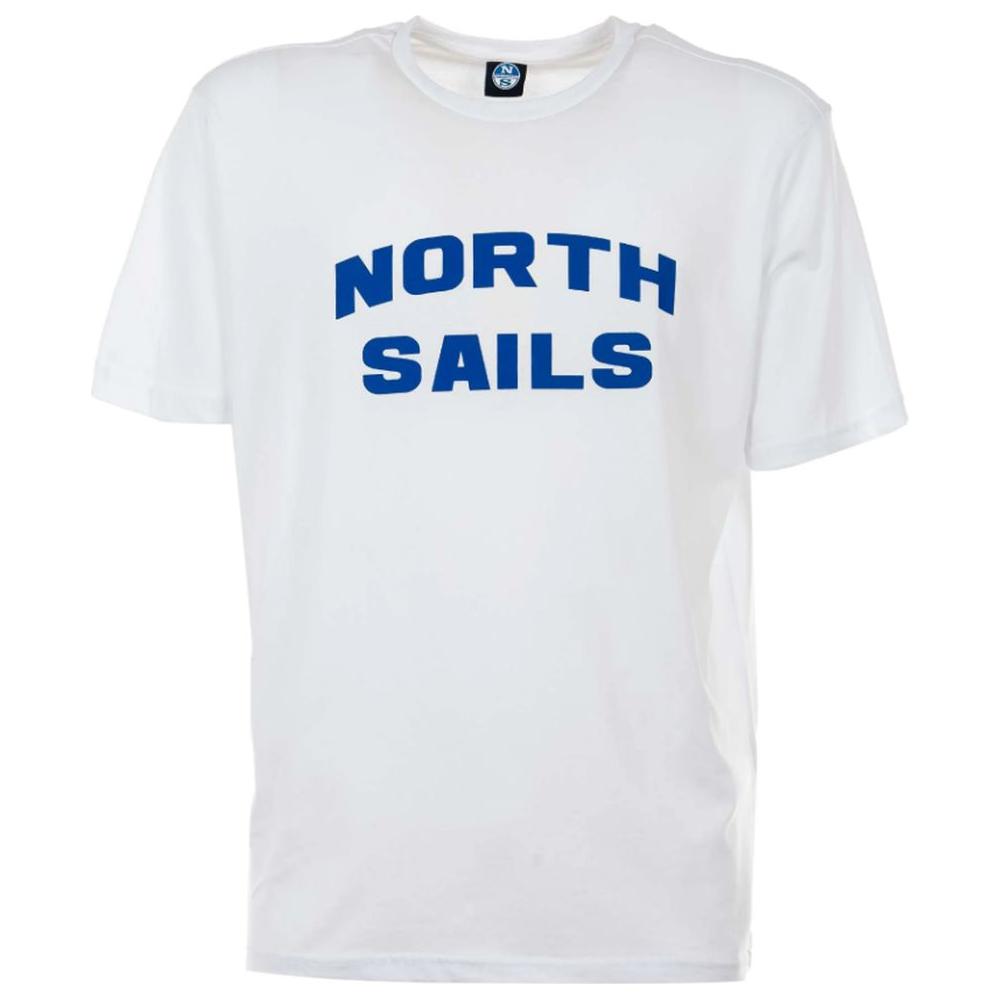 تي شيرت North Sails الأنيق المصنوع من القطن باللون الأبيض مع شعار أزرق جريء