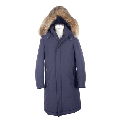 Made in Italy Blue Wool Men's Raincoat with fur-lined hood, designed from Loro Piana fabric for luxury and warmth.