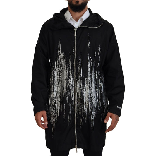 Dsquared² Black White Print Long Hooded Coat Nylon Jacket JKT3547-48
